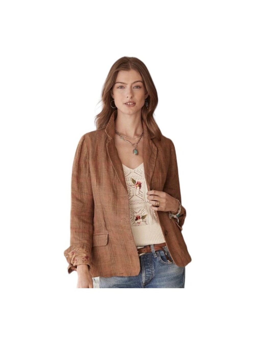 Sundance Womens Edson Hill Plaid Floral Linen Blazer Jacket Small Orange FA EXC